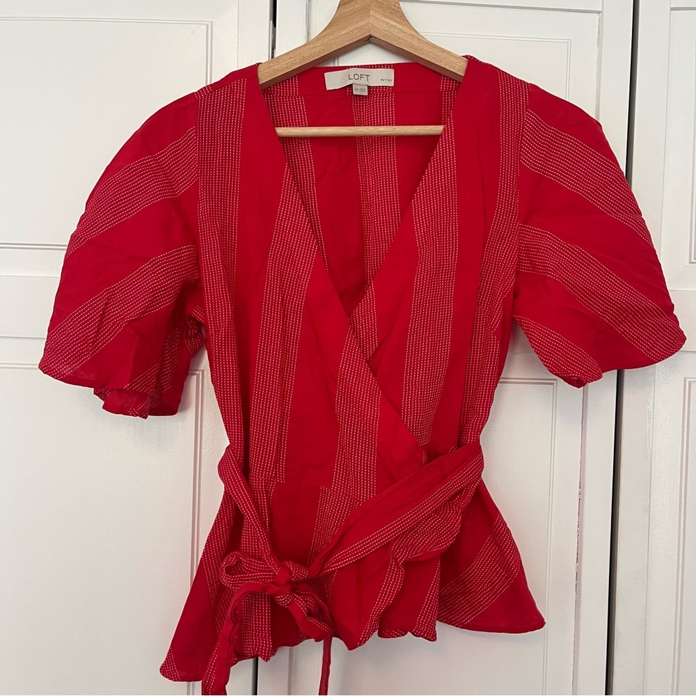 LOFT Red Puff Sleeve Wrap Blouse